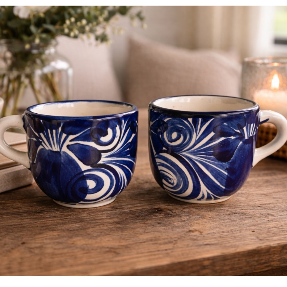 Mexican Talavera Vintage Anfora Coffee Cups Mugs Hand Painted Pottery
